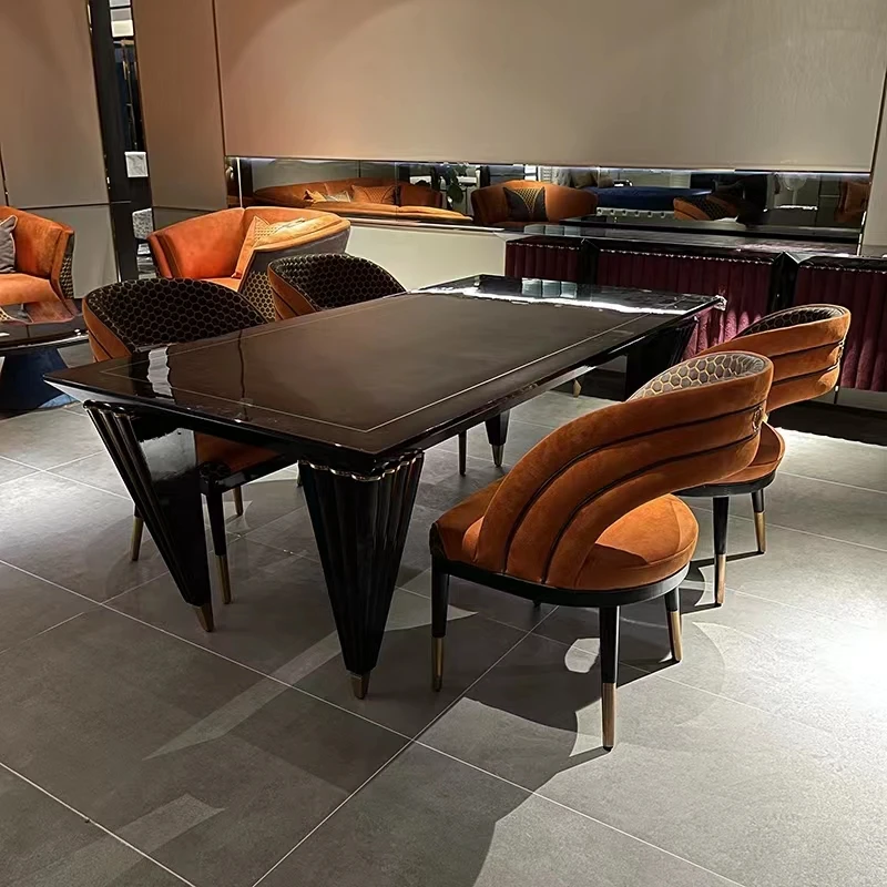 hj-Italian Luxury High Glossy Natural Wood Veneer Top Long Dining Table Chair Set Designer Stainless Steel Trim Dining Table%