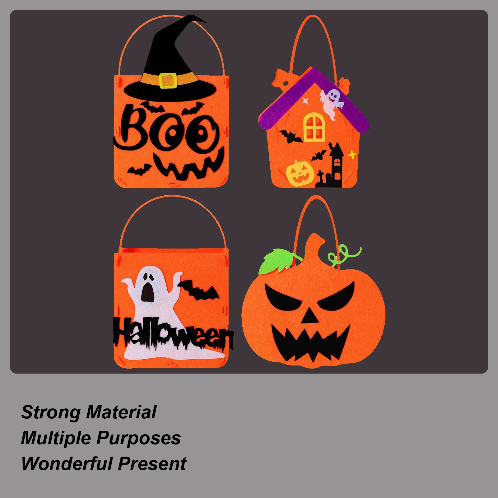 Halloween Treat Bags 4 Pieces Pumpkin Ghost Bat Witch Hat Snack Bag Cute Felt Bucket Goodie Candy Chocolate Container Party