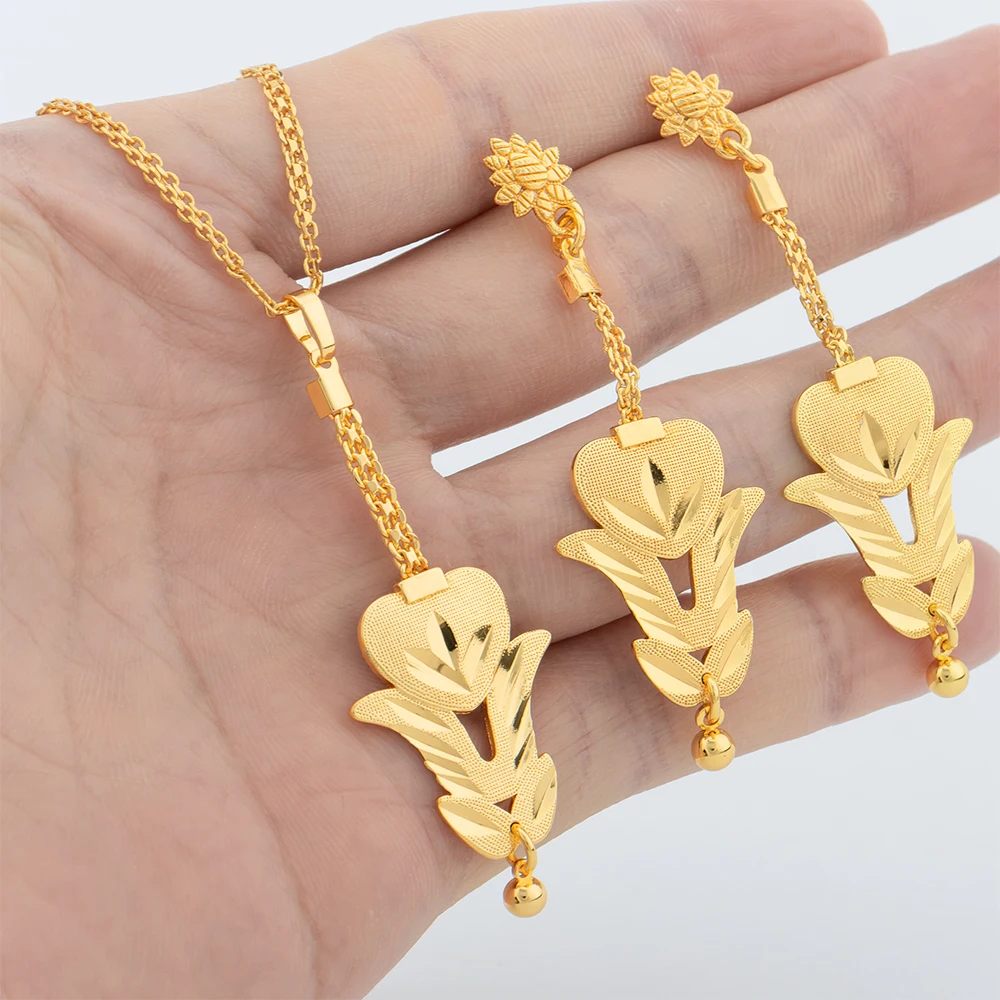 2Pcs Round Beads Jewelry Set Gold Color Necklace Copper Drop Earrings For Women Simple Lucky Pendant Gift Jewelry Accessories