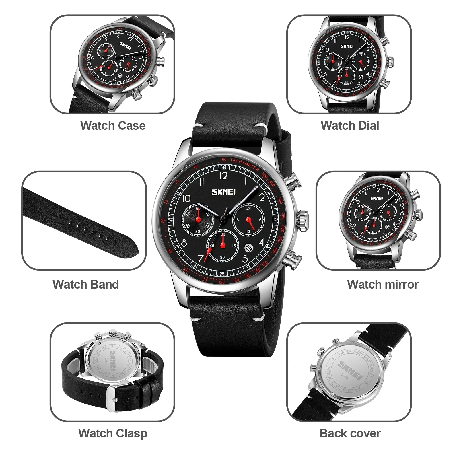 SKMEI 9318 Men Watch Casual Genuine Leather Strap Stopwatch Waterproof Date Week Clcok Quartz Wristwatches Male reloj hombre