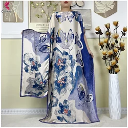2024 New African Abaya Summer Short Sleeve Women Dubai Muslim Silk Soft Dress Fashion Printing Loose Caftan  Dresses With Scarf