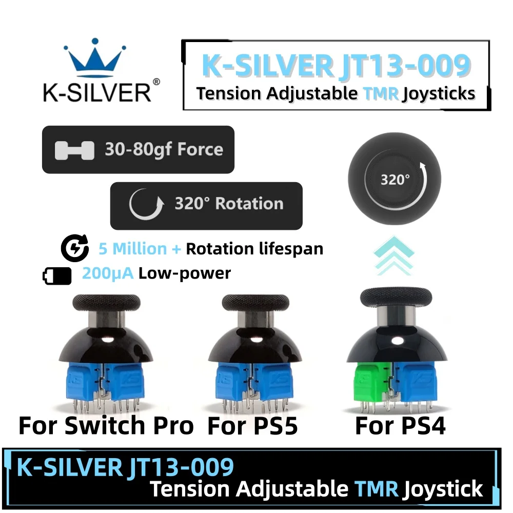K-SILVER JT13-009 320 Tension Adjustable TMR Magnetic Joystick For PS5 30-80gf Force Anti-drift Stick Repair Module