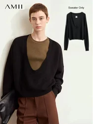 Amii Minimalism 2024 Autumn New Sweaters for Women U-neck Mercerized Lazy French Loose Spliced Female Knit Pullovers 12443224