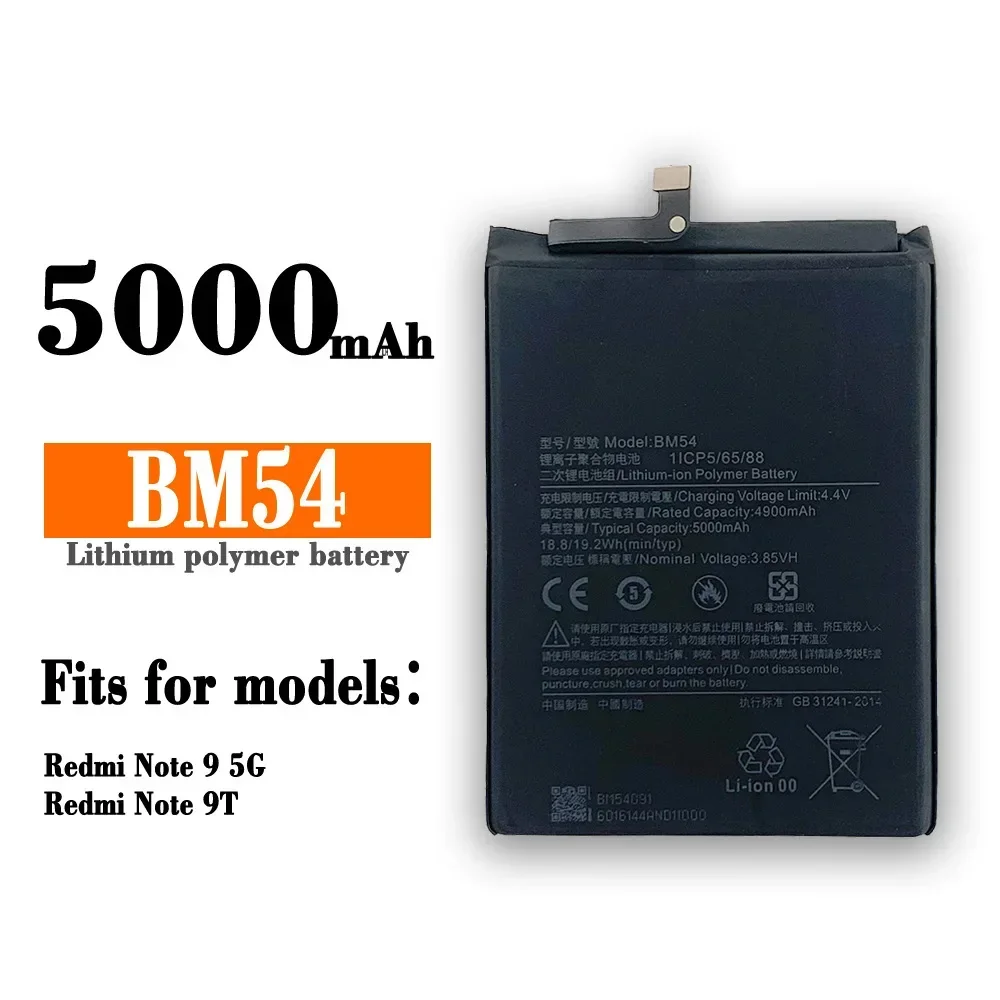 

High Quality Replacement Battery For Xiaomi MIUI Redmi Note 9 5G Redmi Note 9T BM54 Large Capacity New Batteries