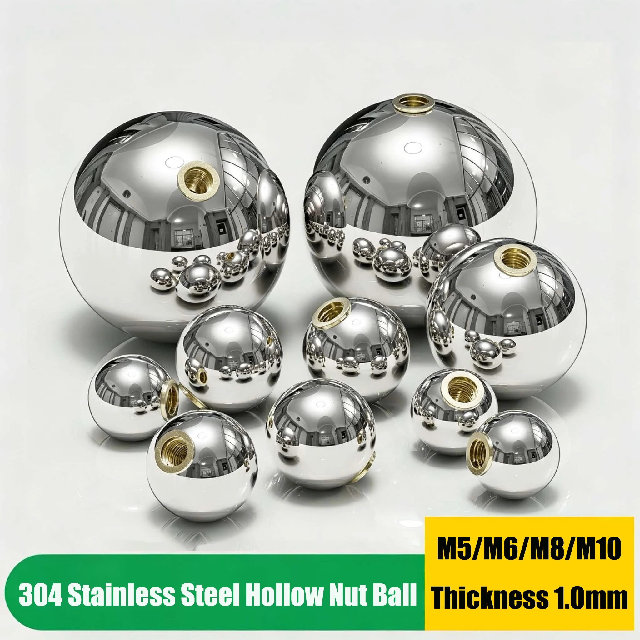 304 Stainless Steel Ball  M5 M6 M8 M10 Nut Ball Hollow Spherical Thread Mirror With Hole Decorative Ball 25/32/38/42/51/63-200mm