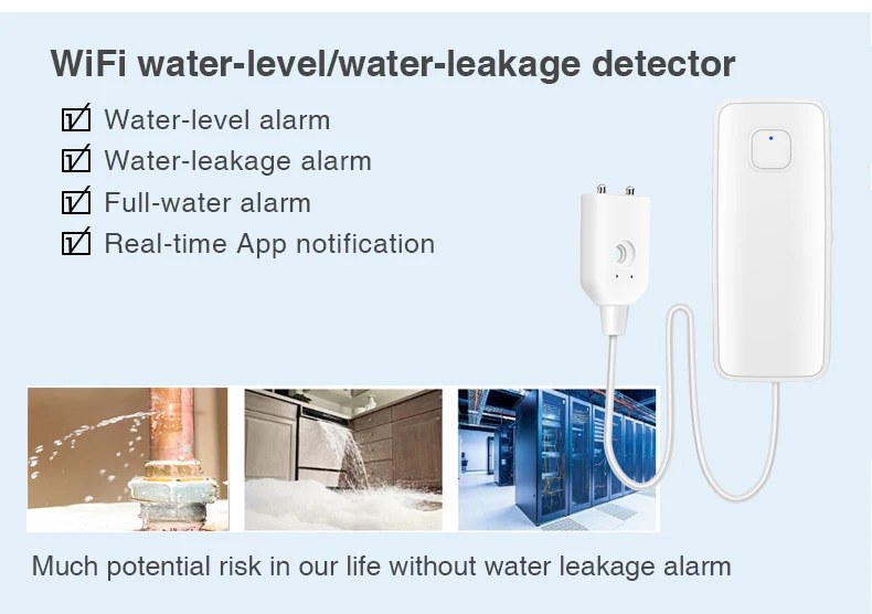 1M/3M/5M Water leakage sensor WIFI leak level Sound Alarm detector security Overflow protection Work with Tuya Smart Life App