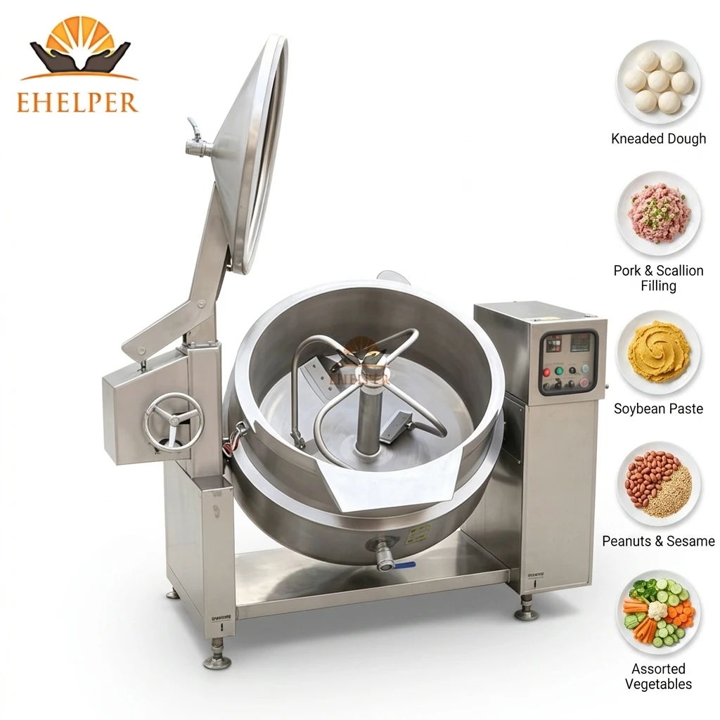 Food Grade Tilting Jacketed Kettle With Agitator And Hydraulic Tilt For Sauce And Paste Making For Central Kitchen