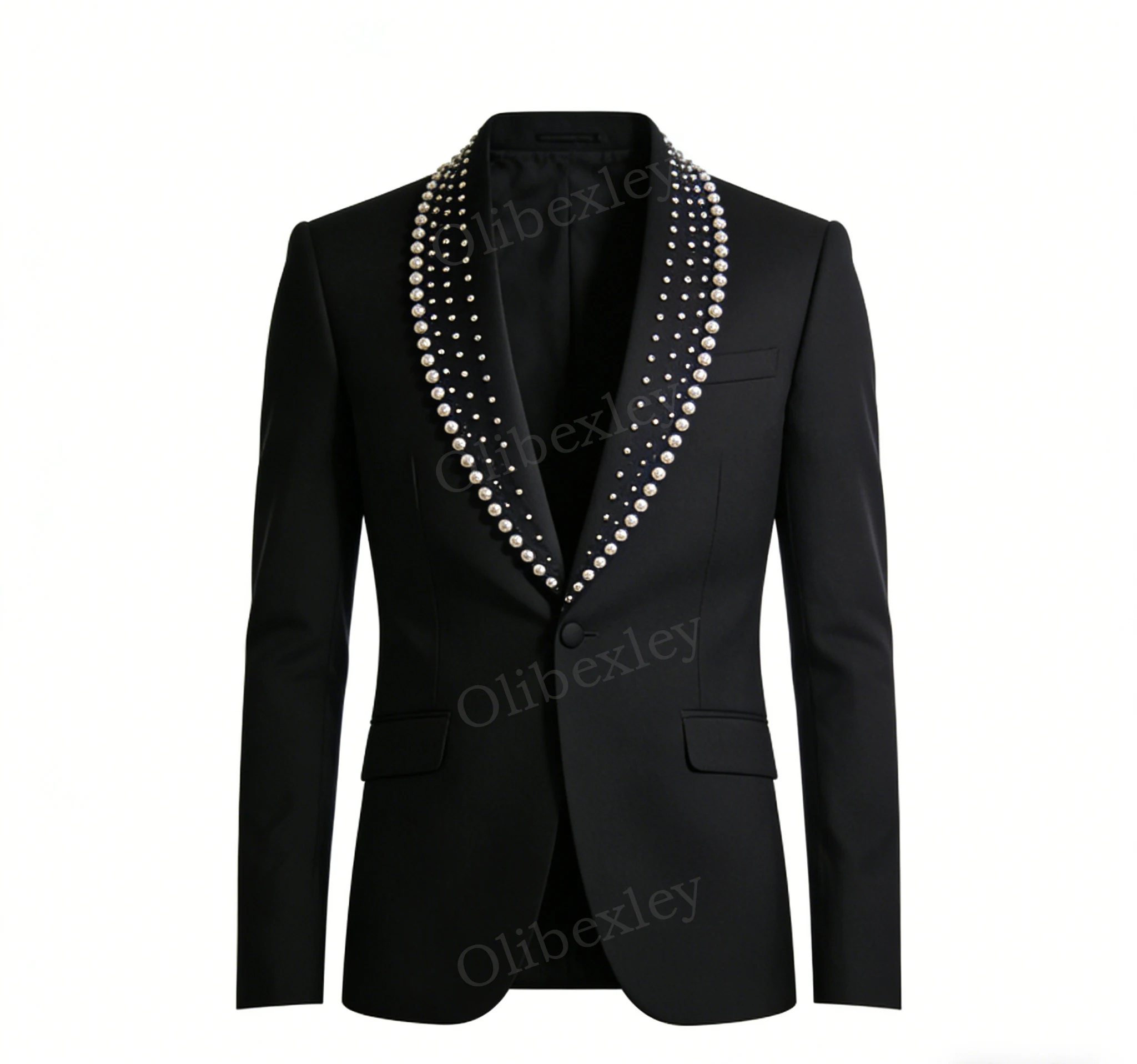 

Luxury Black Men's 2 Piece Tuxedo Set Beaded Crystals Lapel One-Button Slim Fit Design for Wedding Groom Fashionable Customi