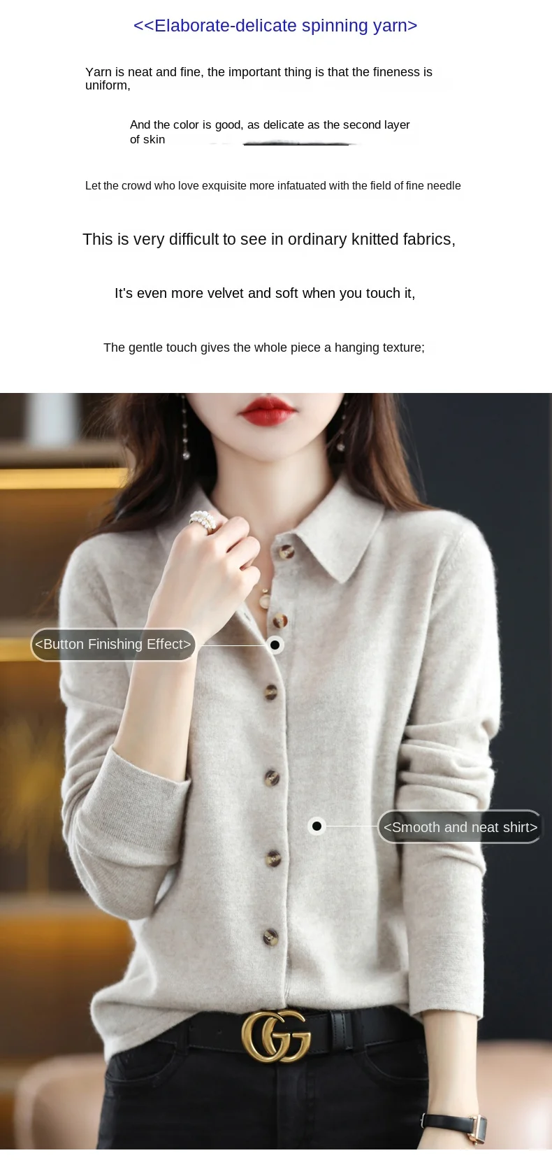 2024 Damen-Strickjacke mit POLO-Kragen, Basic, vielseitig, oben aus gesponnener Wolle, eleganter einreihiger Pullover DMR 430 – Detail 3
