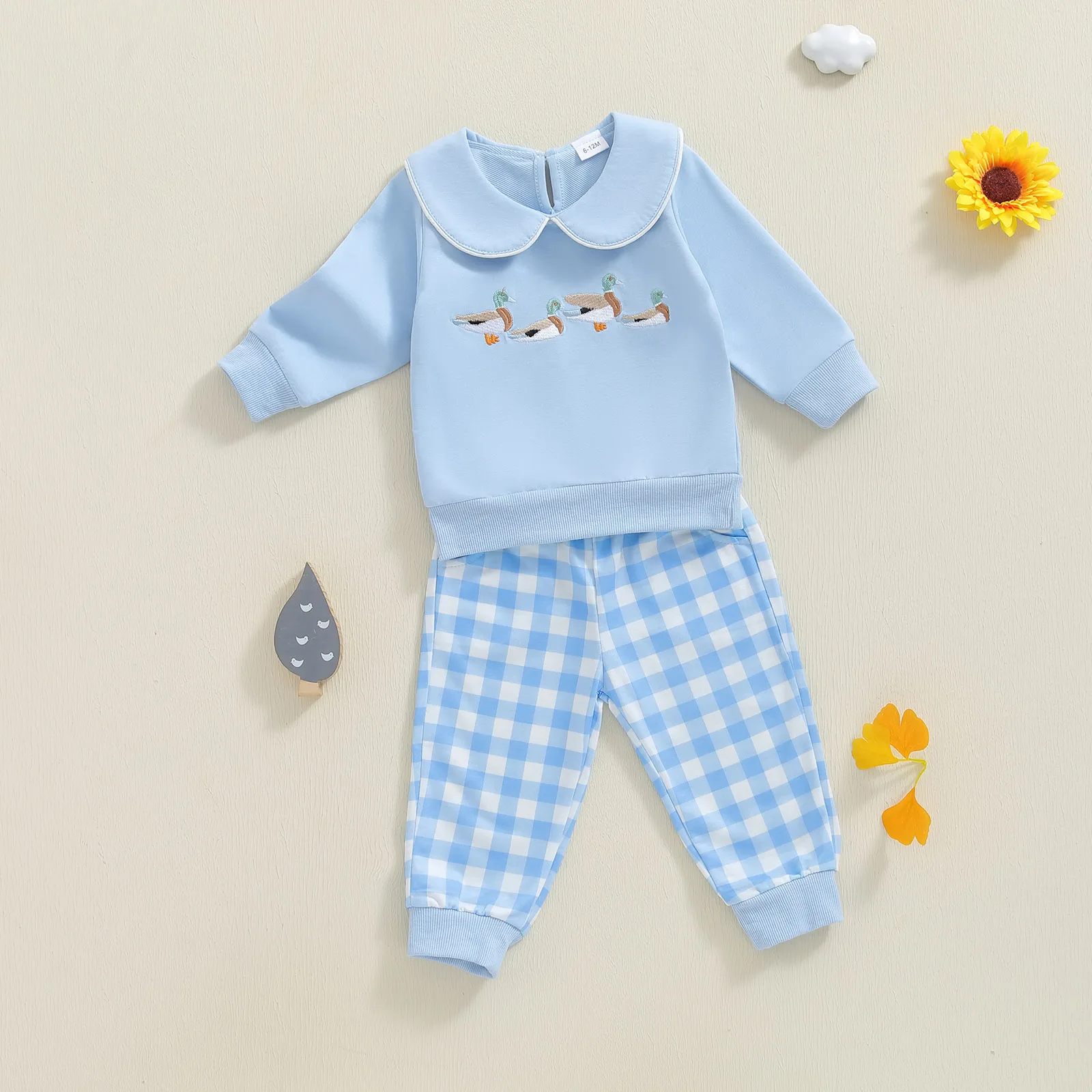 طفل فتاة الخريف وتتسابق بطة التطريز طويلة الأكمام دمية طوق البلوز مرونة الخصر منقوشة السراويل 2 قطعة مجموعة