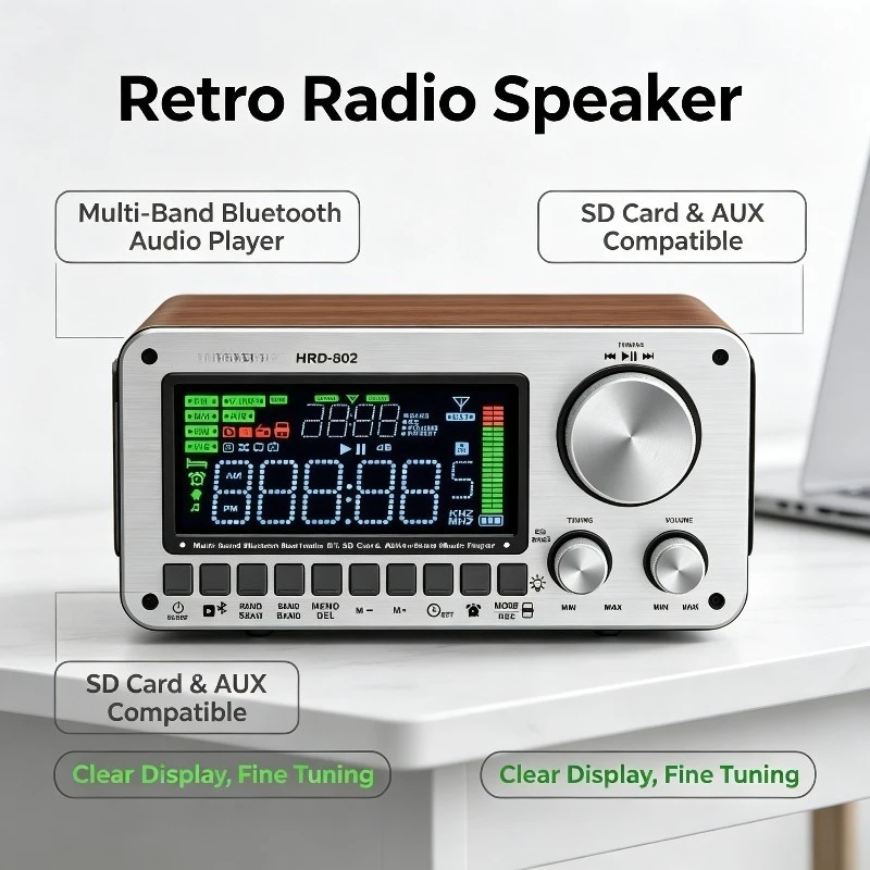 New Wooden Grain Smart Full Band Radio, Portable Wireless Phone Speaker with TF Card Slot, Audio Signal Responder