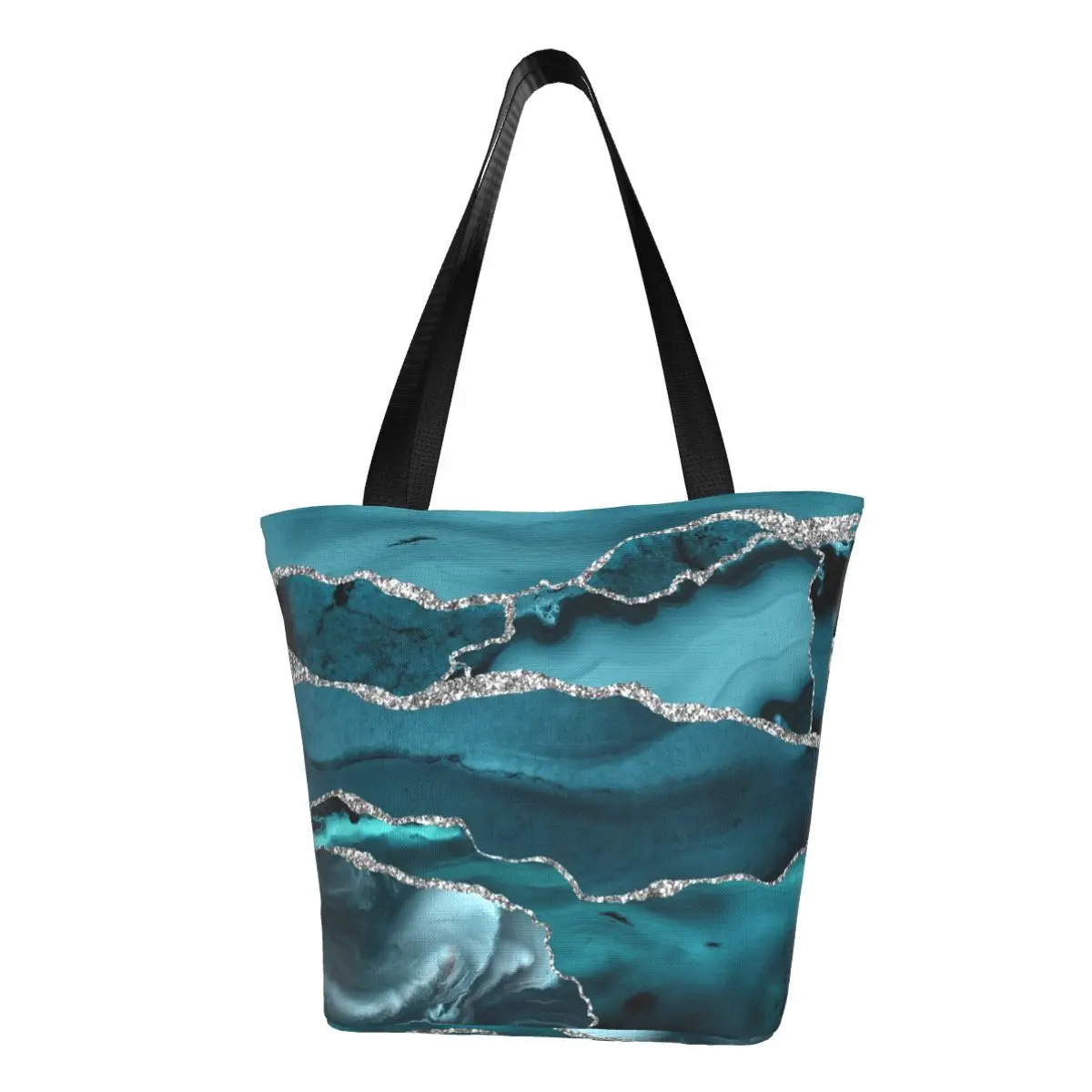 

Trend Turquoise Marble Textures Grocery Tote Shopping Bag Geometric Texture Canvas Shopper Shoulder Bags Big Capacity Handbag