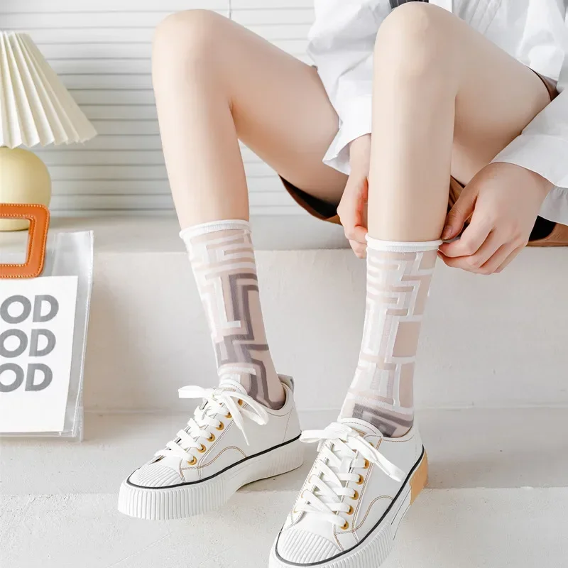 New Fashion Woman Socks Novelty Harajuku Summer Crystal Silk Socks Animal Cartoon Cute Print Ultra-thin Transparent Long Socks