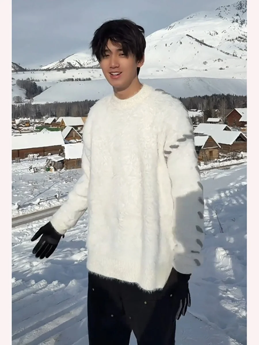 

Мужской утепленный зимний вязаный шерстяной свитер, теплая базовая рубашка, американский модный бренд, ленивый стиль, полиэстер, длинный рукав