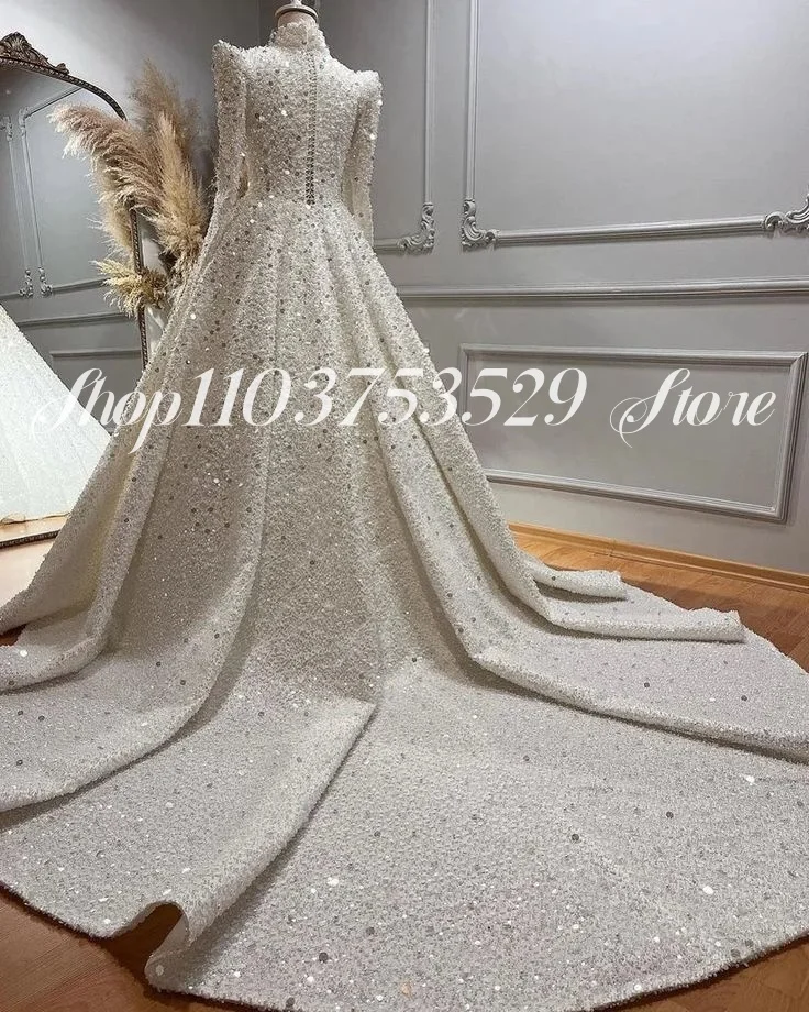 Luxury Muslim Evening Gowns Sparkling High Neck Long Sleeve Inlaid Sequins A-Line Prom Long Customised Ethnic Wedding Dresses