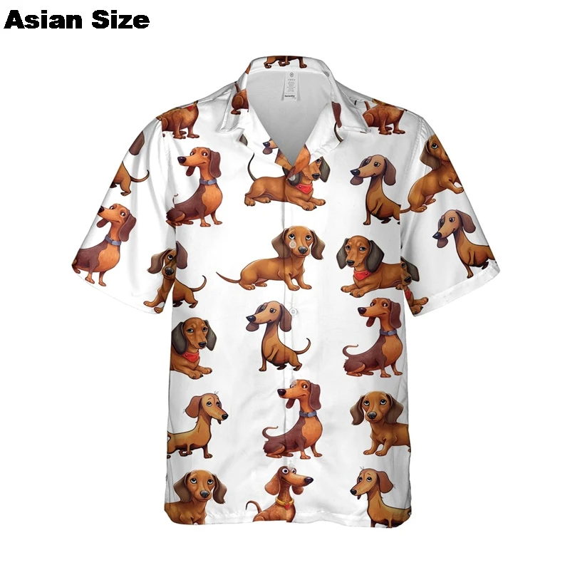 Cartoon Dachshund Dog 3D Printed Shirt For Men Animal Pet Dogs Graphics Short Sleeves Hawaiian Shirts Tops Unisex Lapel Blouse