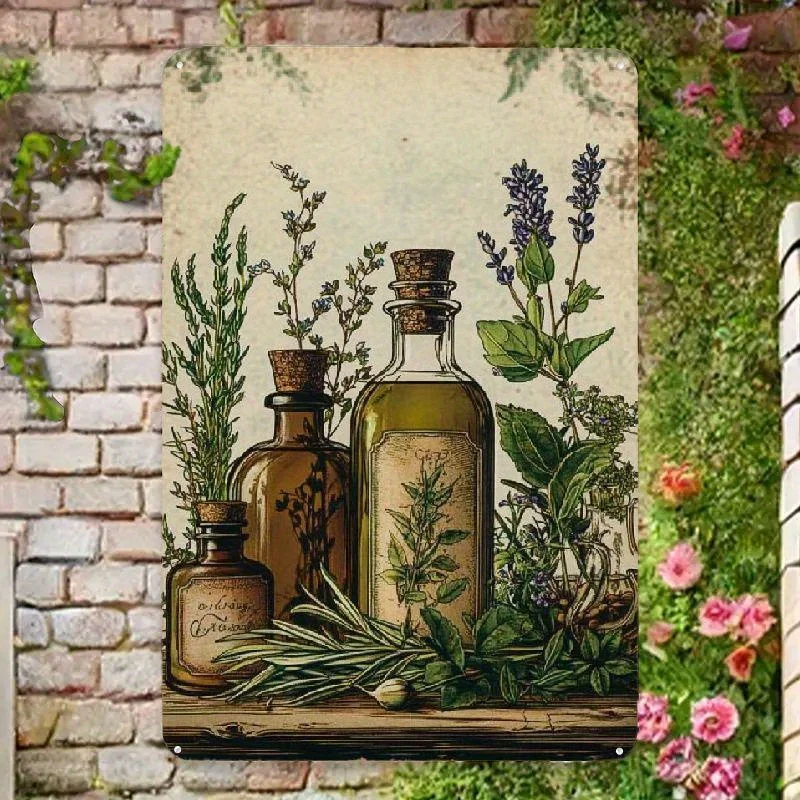 2D Flat Vintage Witch Herbalism Metal Sign, Heavy-Duty Antique Apothecary Decor with Lavender Garlic Amber Bottles