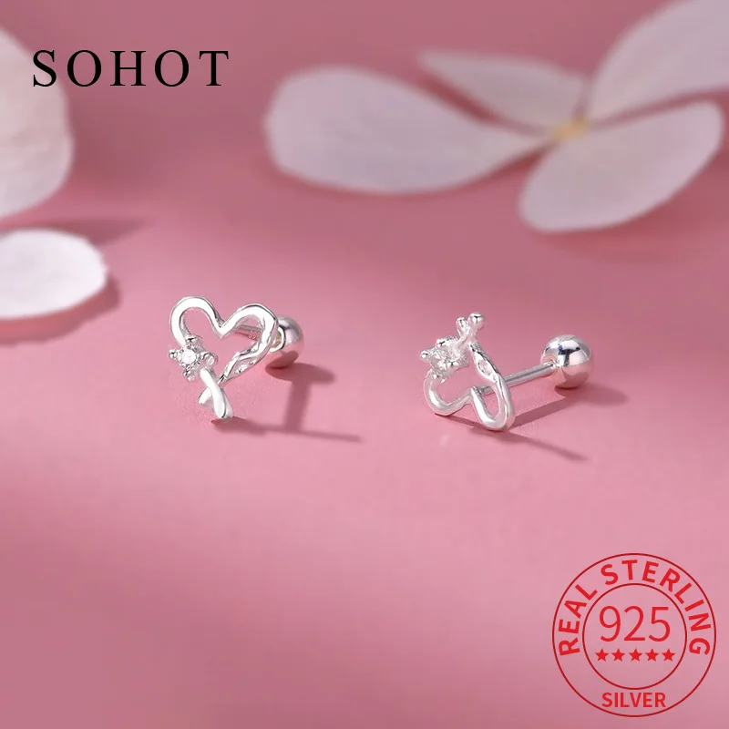 Real 925 Sterling Silver Irregular Heart Stud Earrings for Fashion Women Fine Jewelry Trendy Piercing Screw Bead Accessories