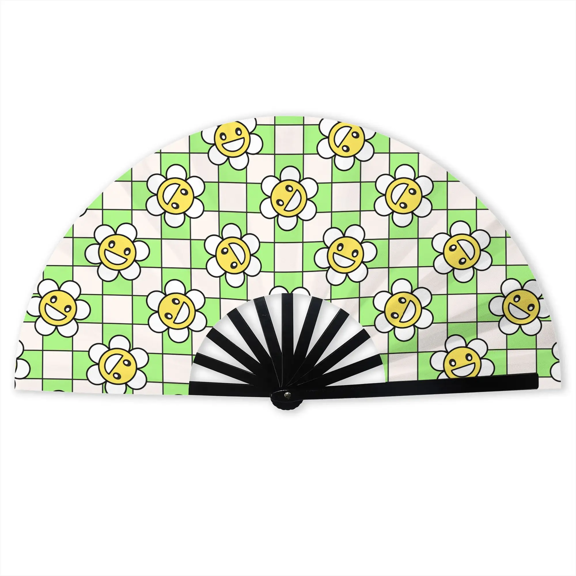 Happy Face Daisy Flower   Portable Pocket Fan Outdoor Green Checkered  Folding Fan Chinese Dance Cooling Handheld Fans