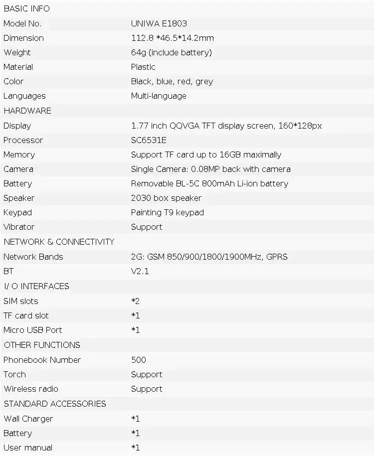 UNIWA E1803 2G Low Price Slim GSM Mini Mobile Phone Dual SIM T9 Keypad 800mAh Battery Wireless Radio Flashlight Phone For Elder