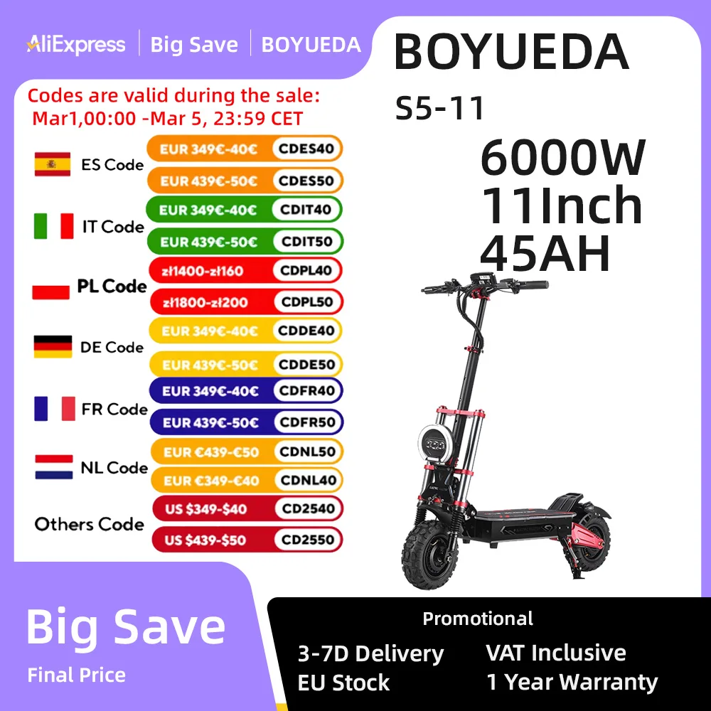 BOYUEDA S5-11 E-Scooter 6000W Dual Motor 60V38AH Battery NFC Activated App Control Escooter Silent Tires Electric Scooter