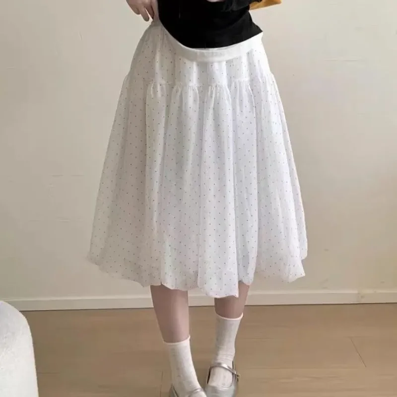 

Women's White Polka Dot Tiered Midi Skirt Elastic Waist Casual A Line Summer Sweet Pleated Skirt