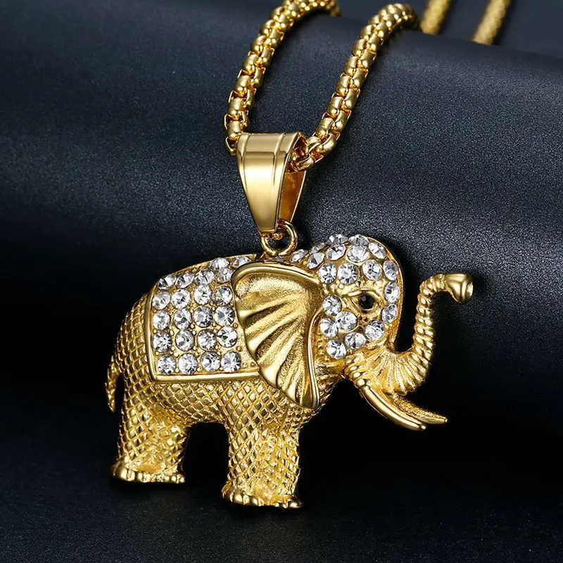 Megin D Stainless Steel Titanium Zircon Lucky Animal Elephant Pendant Collar Chains Necklace for Men Women Couple Hip Hop Jewel