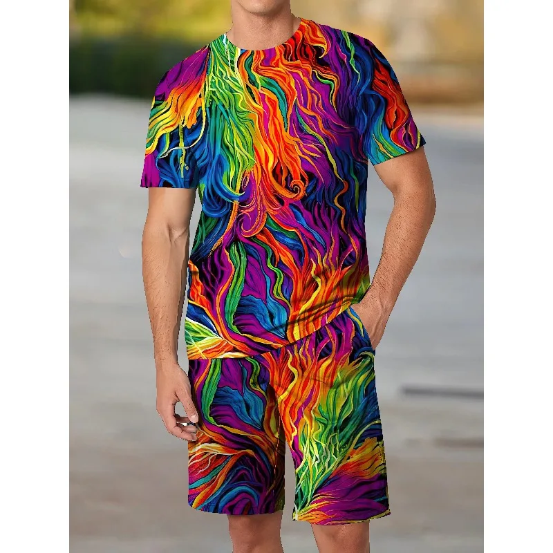 

2025 Men's Fashion Trend Casual Short Sleeved Shorts 3D Set Daily Outdoor Sports Polyester Fiber Round Neck Two-piece Set