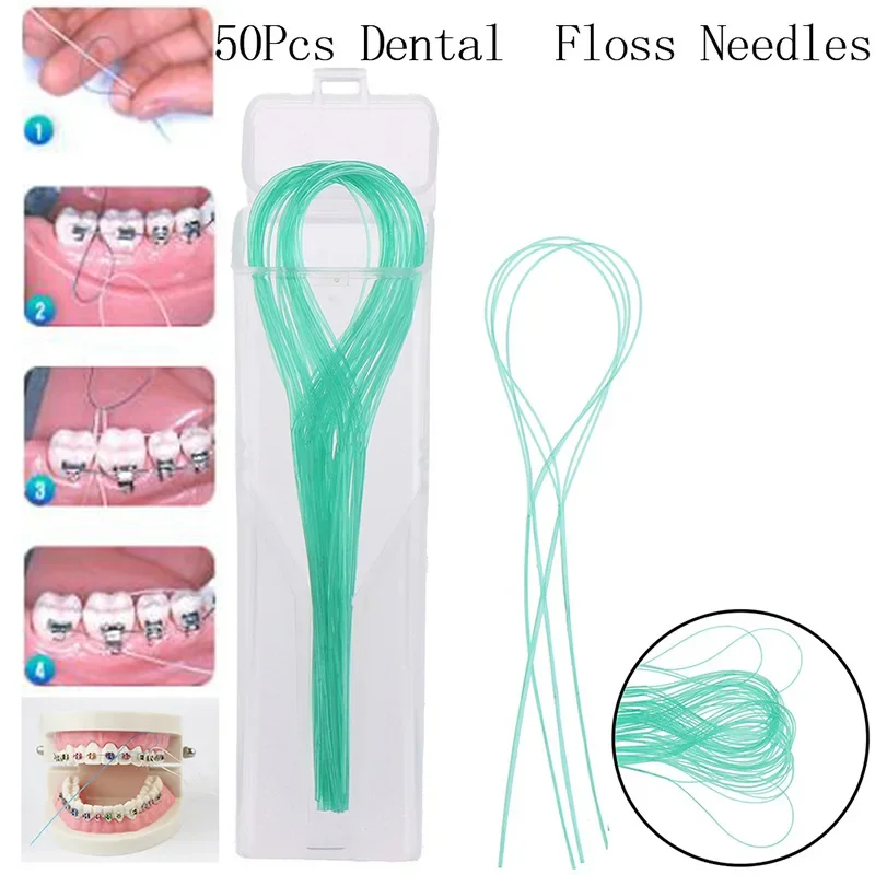 50Pcs/Set Dental Floss Threaders Needle Tooth Brackets Wire Holders Between Orthodontic Bridges Traction Braces