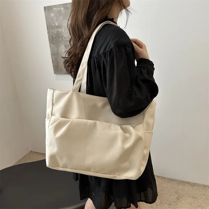 Casual Early Autumn Women Nylon Large Capacity Smooth Shoulder Bag Commuter Supple Solid Colour Ruched Outer Pocket Handle Bag