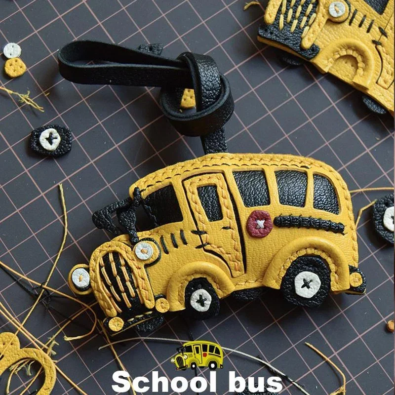 

Handmade Leather School Bus Bag Charm KeyChain KeyRing