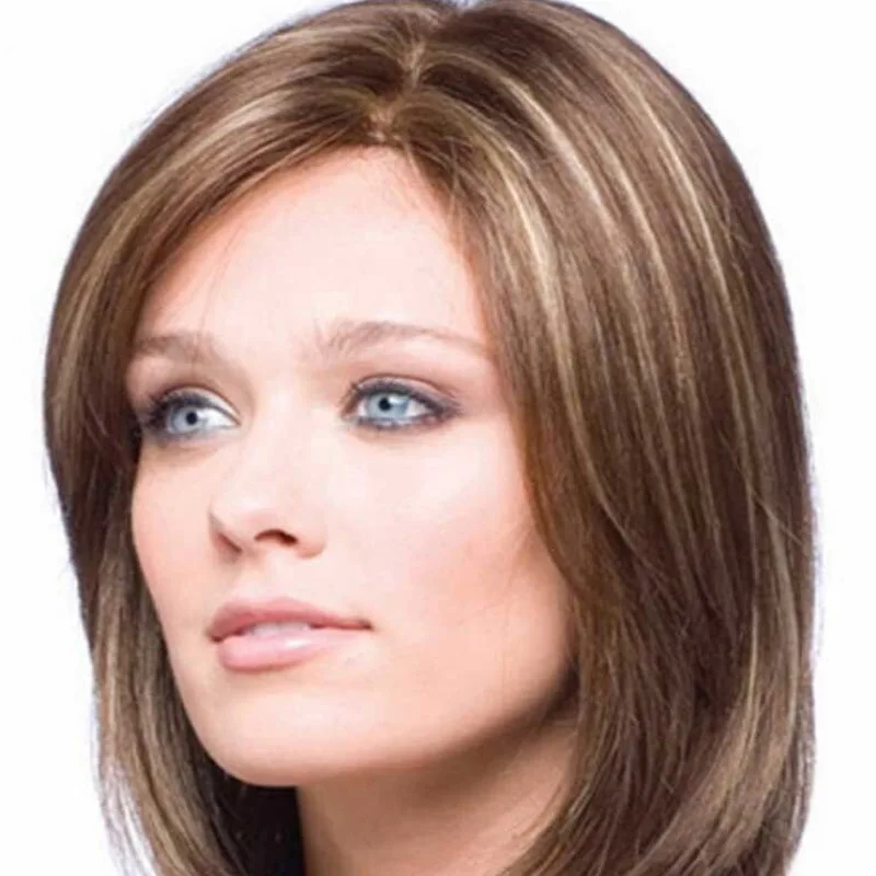 

Brown Gradient Color Wig For Ladies Bobo Style Middle Parting Short And Long Slanting Bangs Short Straight Hair
