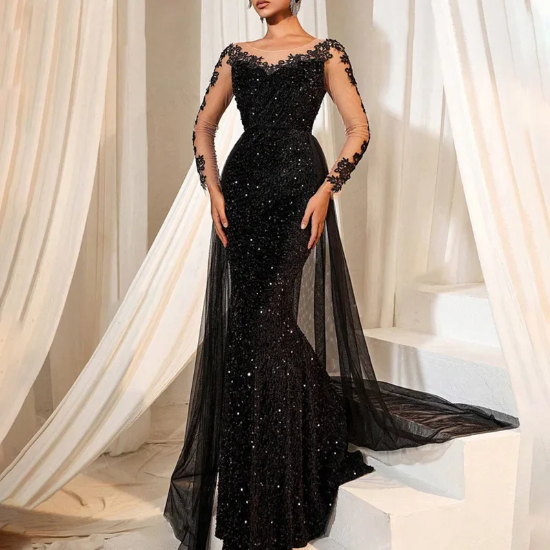 

A long lace party evening dress with a fashionable and elegant style for European and American women in 2025