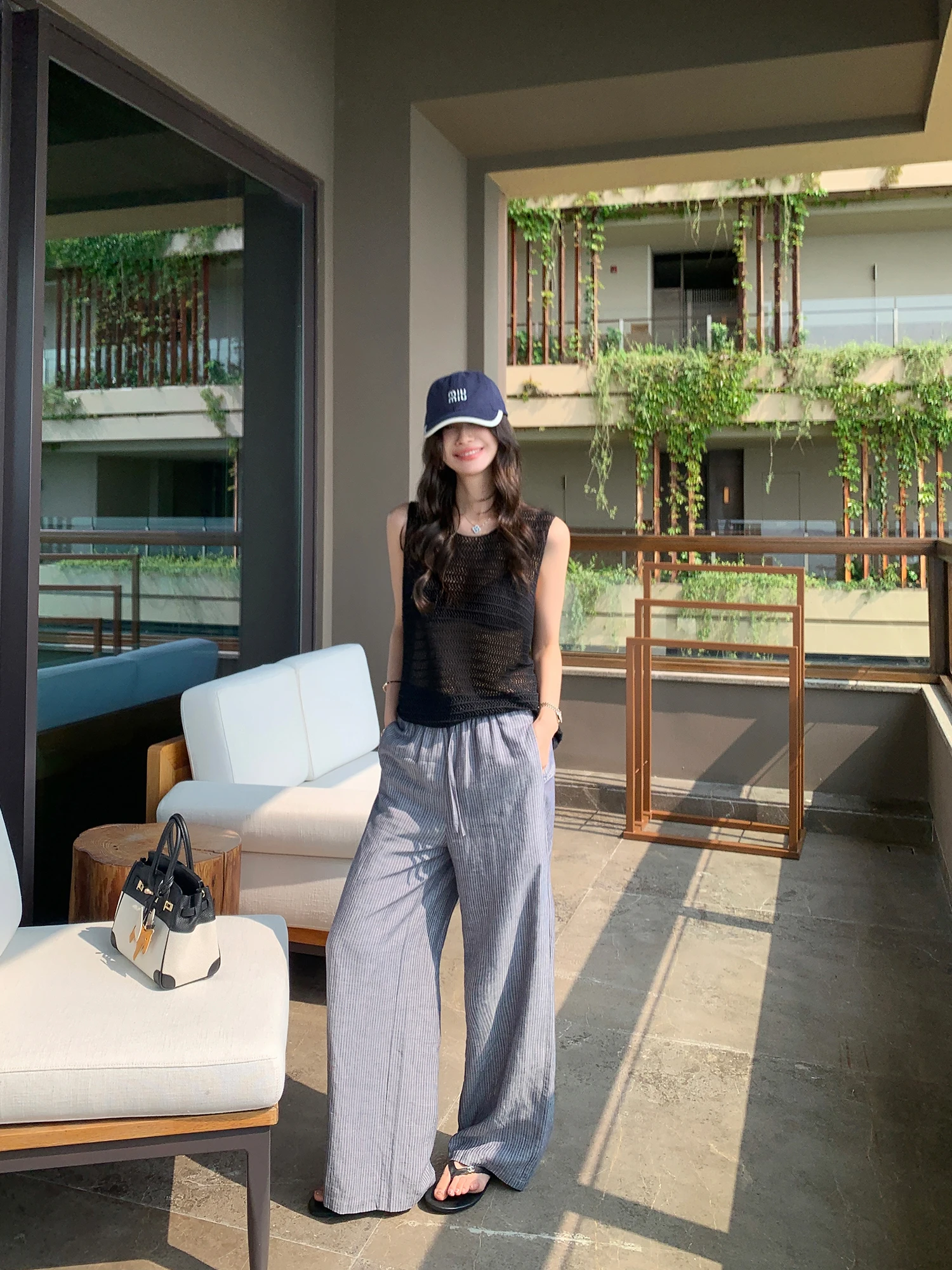 

Pusumede Casual Loose Women's Straight Leg Pants Blue Stripes Comfortable Loose Fit Wide Leg Long Trousers Lenzing Fiber