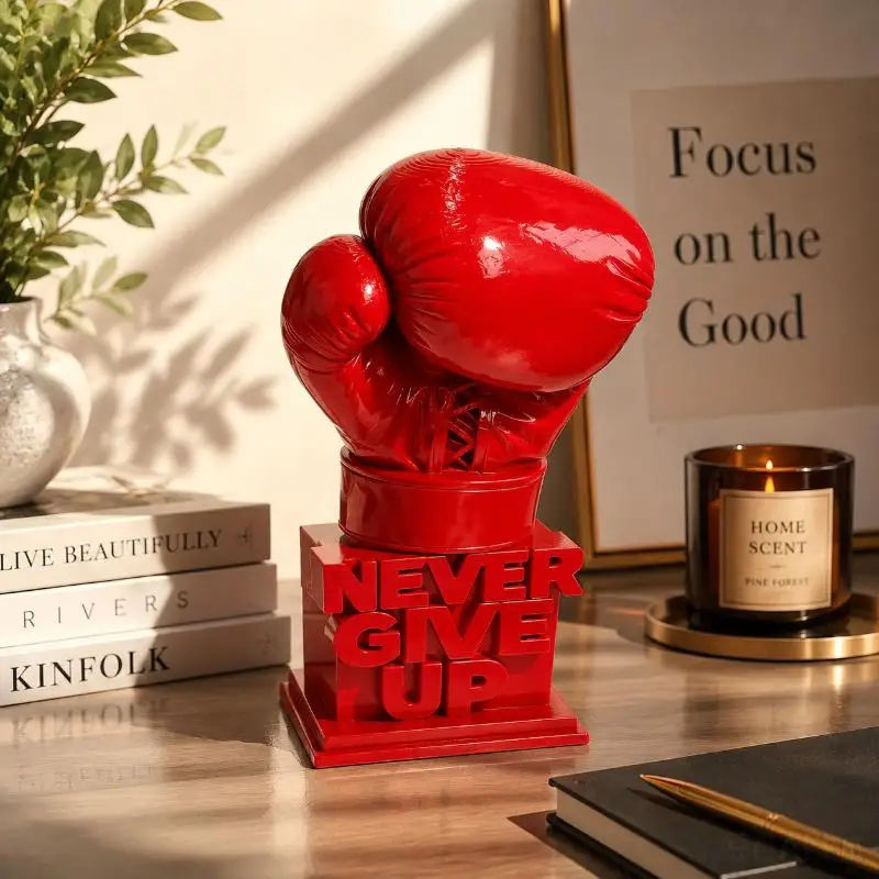 Never Give Up Boxing Glove Figurine 3D Printed Motivational Sculpture Inspirational Desk Ornament For Office Home Birthday Gift