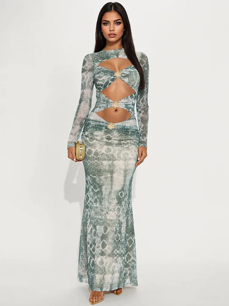 Xiaotang oco para fora manga longa impressão sexy maxi vestido feminino elegante malha o pescoço cintura alta bodycon clube festa vestido impresso