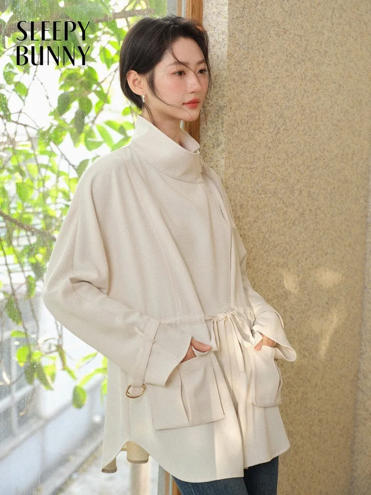 

Women Stand Collar Trench Coat Spring Design Sense Casual Loose Silhouette Top for Lady Fashion Versatile Lightweight Outerwear