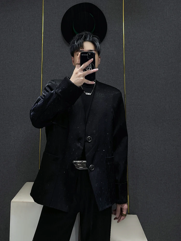 

oulder Pad Suit Jaet Men's Casual High-End Feel Diamond Embellied Loose Fit Autumn Outerwear Two Button Single Breasted