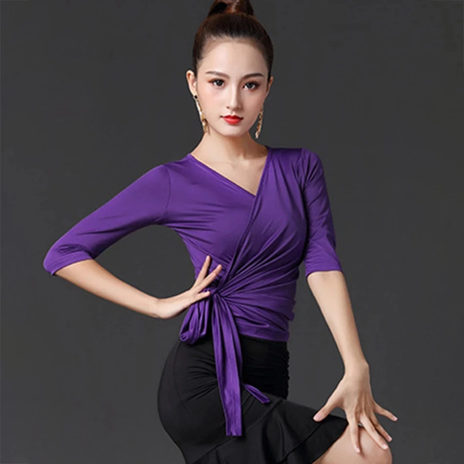 Vrouwelijke Diepe V-riem Ballroom Dans Kostuum Doek vrouwen Tango Chacha Oefenshirt Dame Halve Mouwen Latin Dansen Tops