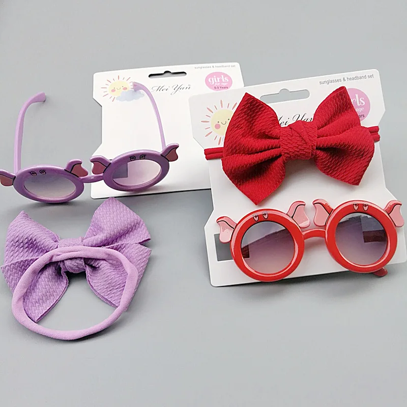 2Pcs/set Cartoon Elephent Kids Summer Bows Headband Sunglasses Children Sun Glasses Protection Glasses Baby Hair Accessories