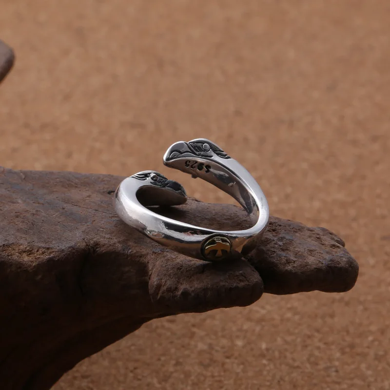 Wholesale S925 sterling silver ring vintage Thai silver men's and women's fashionable wide double E open ring ring view 4