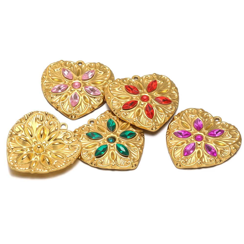 

3Pcs Stainless Steel Zircon Flowers Heart Charms for DIY Women Jewelry Necklace Findings Bracelets Pendants Earrings Making