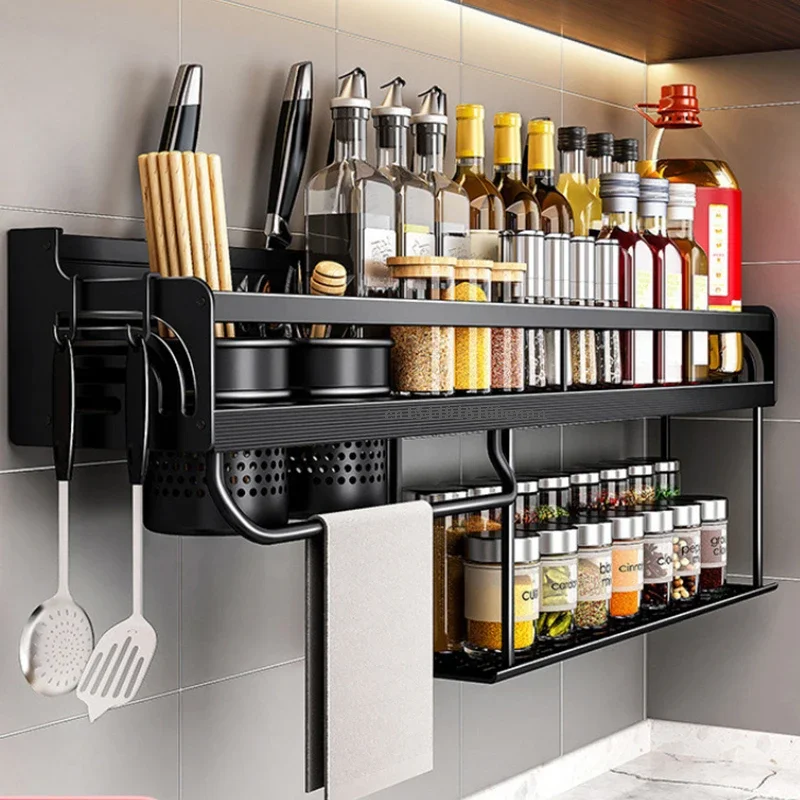 

Punch-Free Double-layer Kitchen Storage Rack Household Wall-mounted Chopsticks Knife Seasoning Bottle Holder Kitchen Supplies