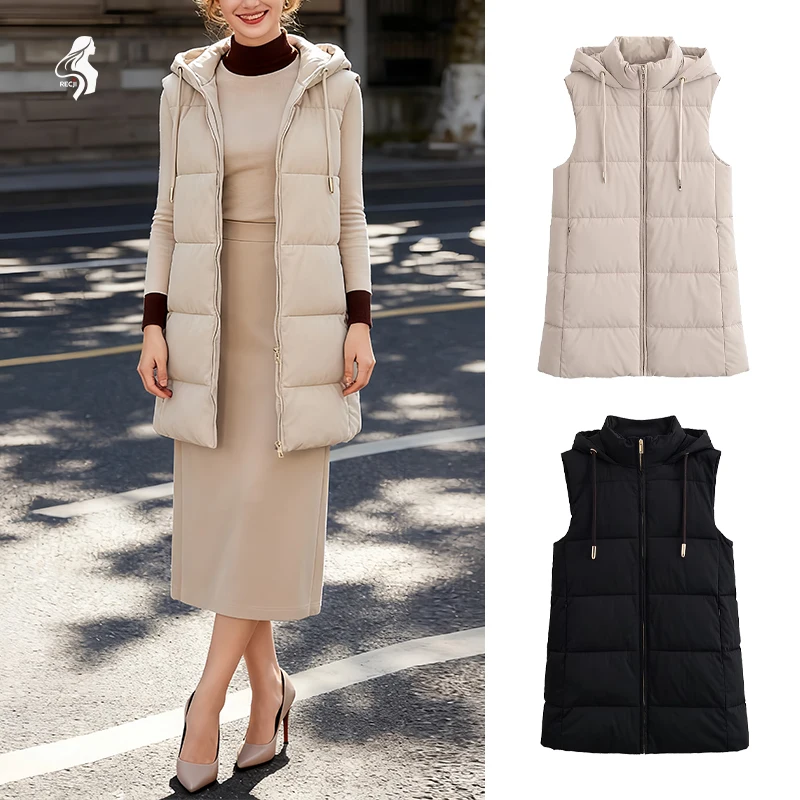 

Женская мода, пуховик с капюшоном, хлопковая куртка без рукавов на молнии, стеганое длинное повседневное хлопковое пальто, подходящее для повседневной носки