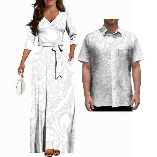 Imagen 2 del producto Conjunto de ropa de fiesta para parejas, vestidos informales con estampado samoano, camisa a juego, Puletasi samoano, trajes blancos polinesio
