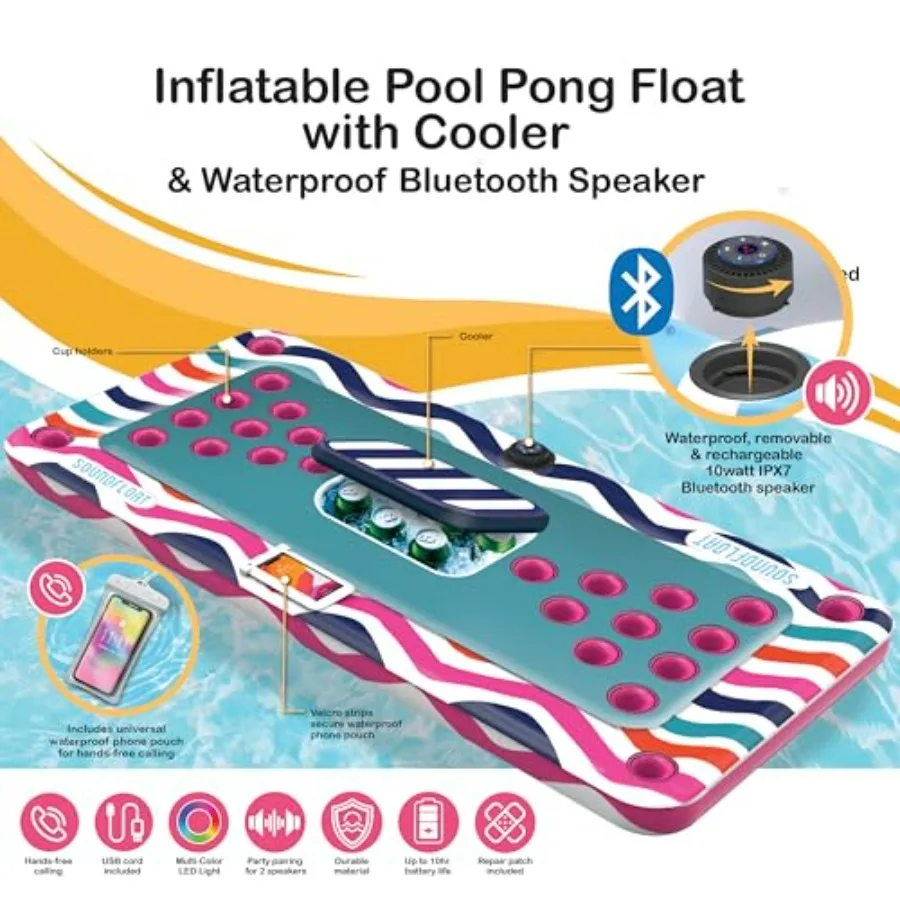 Inflatable Pool Pong Float for adults: PVC, blue, Bluetooth 5 IPX7 waterproof speaker, cup holders, integrated cooler