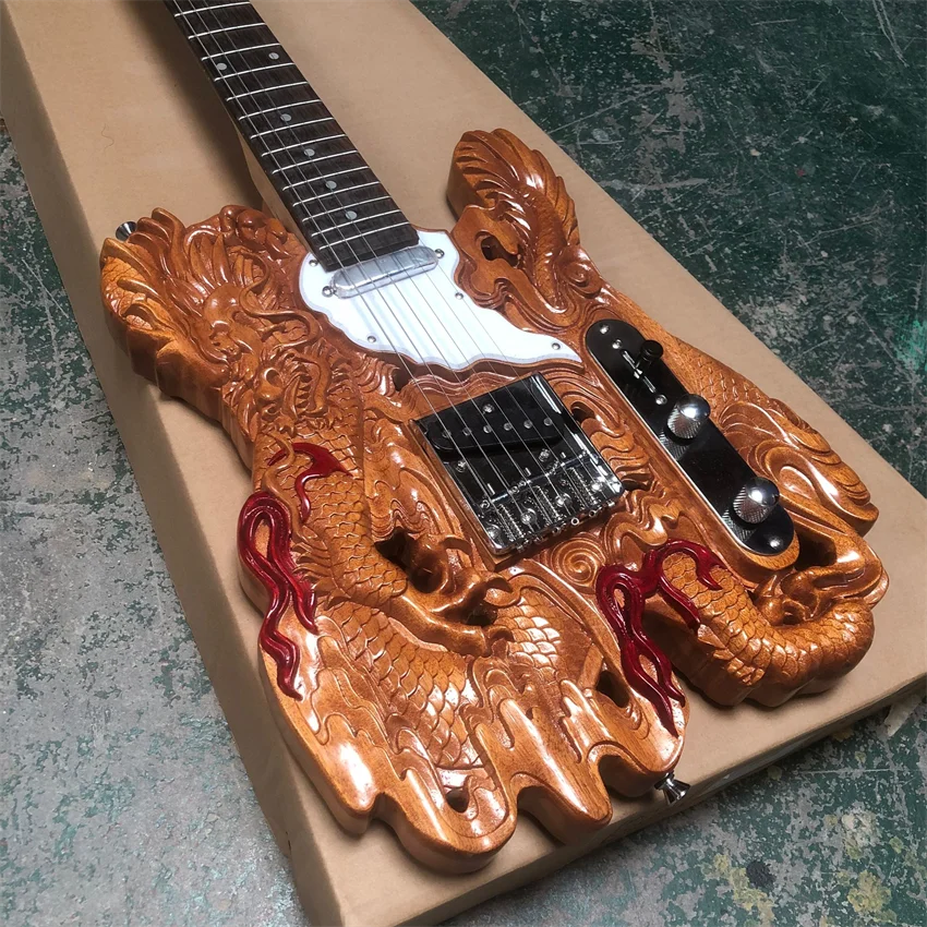 Hand carved custom electric guitar, log color, real photos, wholesale and retail, free shipping