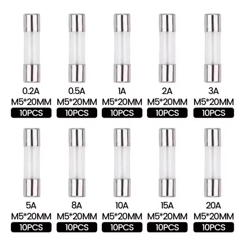 

Набор стеклянных предохранителей 5*20 мм, 100 шт., 10 различных номиналов по 10 штук каждого, 0.2А-20А