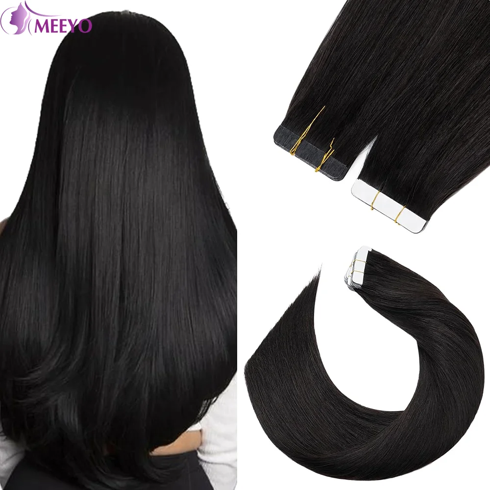 Tape in Hair Extensions Real Human Hair Straight Adhesive Invisible Tape Hair Extensions Natural Black 20Pcs 50G/Pack For Women