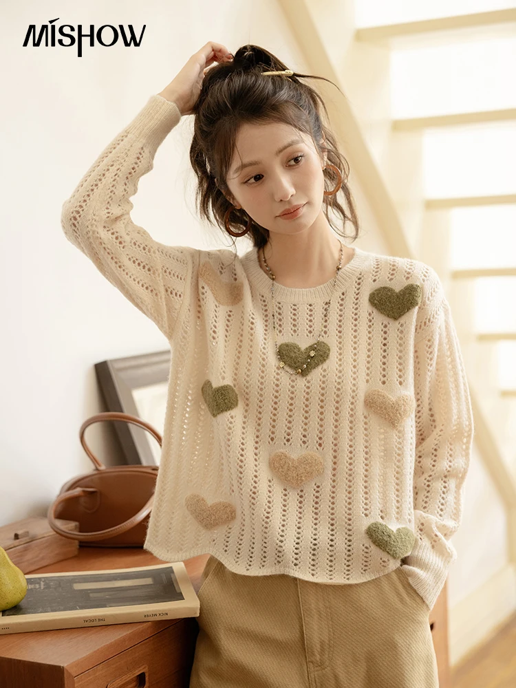 MISHOW Round Neck Pullover Heart Knitted Sweater Women Autumn 2024 Loose Versatile Casual Hollow Top Hem Wave Tops MXD41Z0743